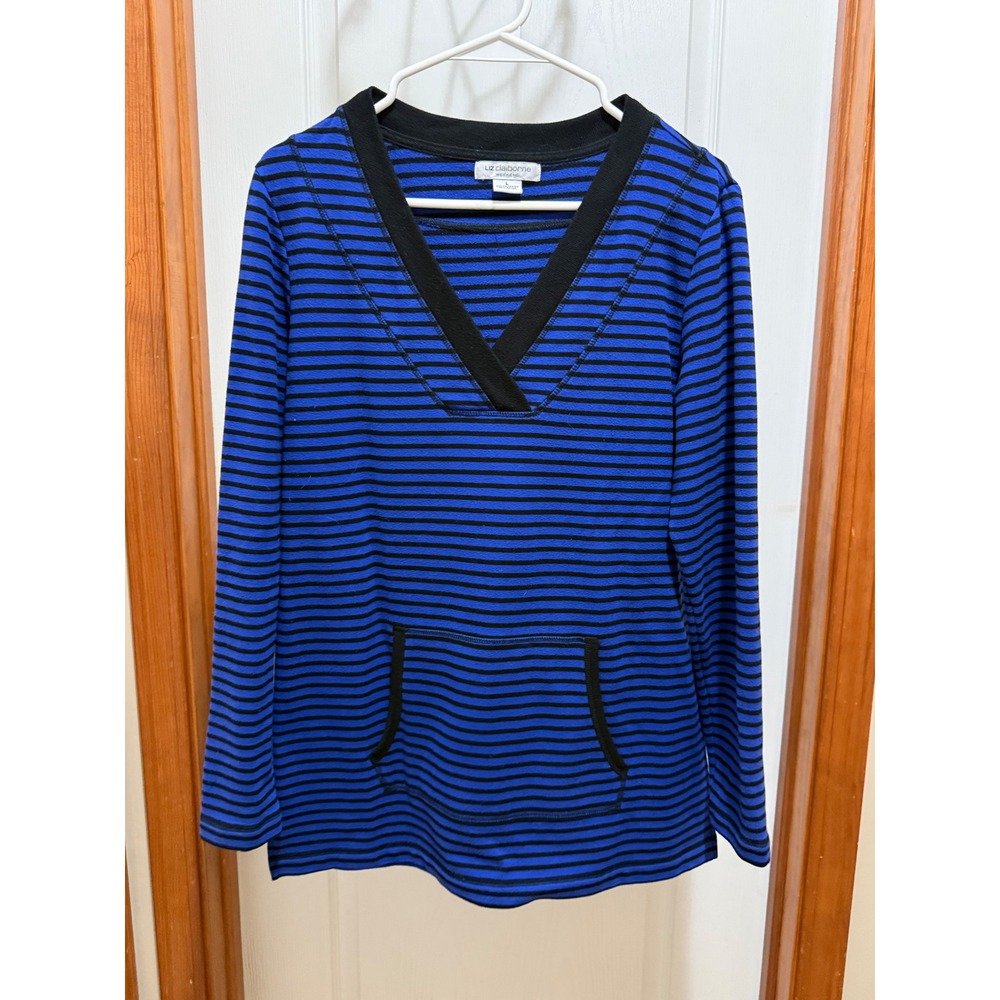 Liz Claiborne Weekend Blue Black Striped V-Neck Long Sleeve Top Kangaroo Pocket
